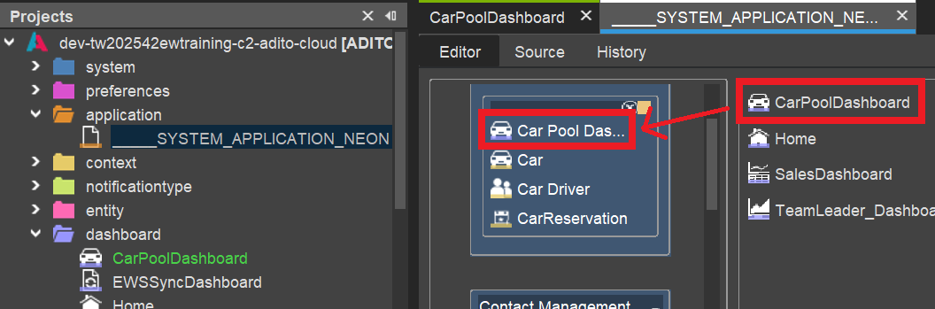 Dashboard in menu configuration