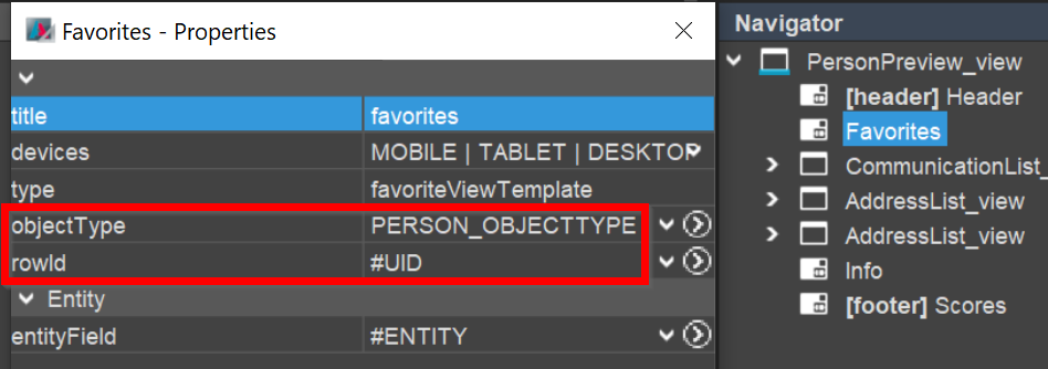 Configuration of favoriteViewTemplate