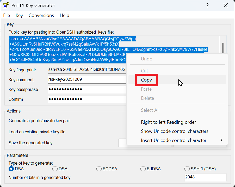 Copy public key in PuTTYgen