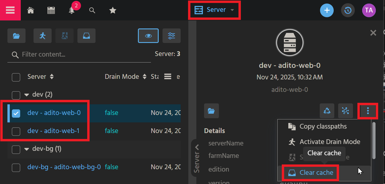 Clear cache of web pods